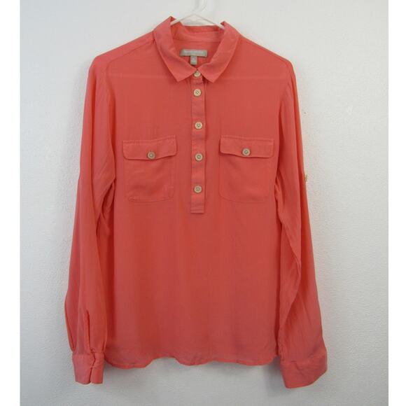 Banana Republic Silk XL 100% Silk Utility Shirt Coral Popover Roll Tab Sleeves - Picture 2 of 6